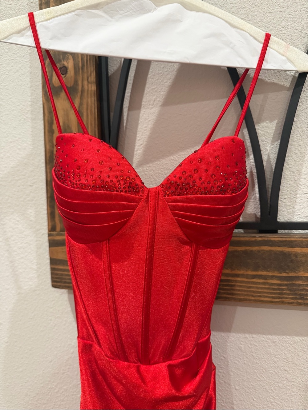 Red Embellished Bustier Prom Dress with Spaghetti Straps